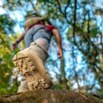 Close up, rear view trekking shoes of Hiker walking on the rockห in the forest Trail with sunlight, copy space